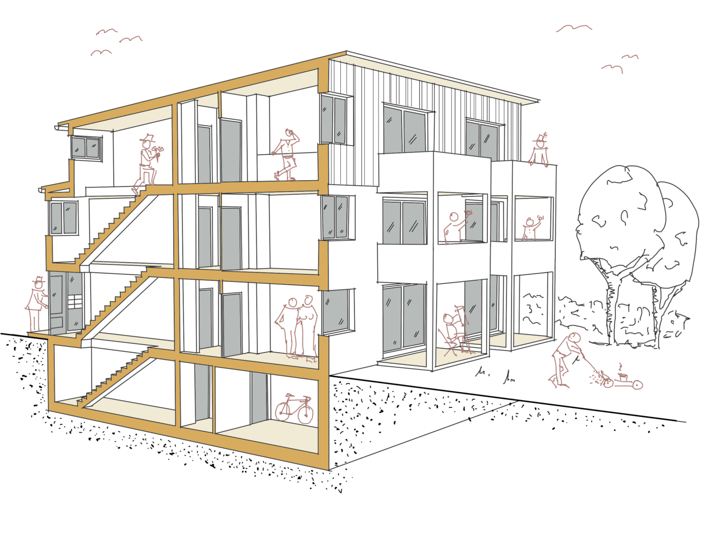 Handskizze eines Schnittes durch ein Mehrparteienhaus