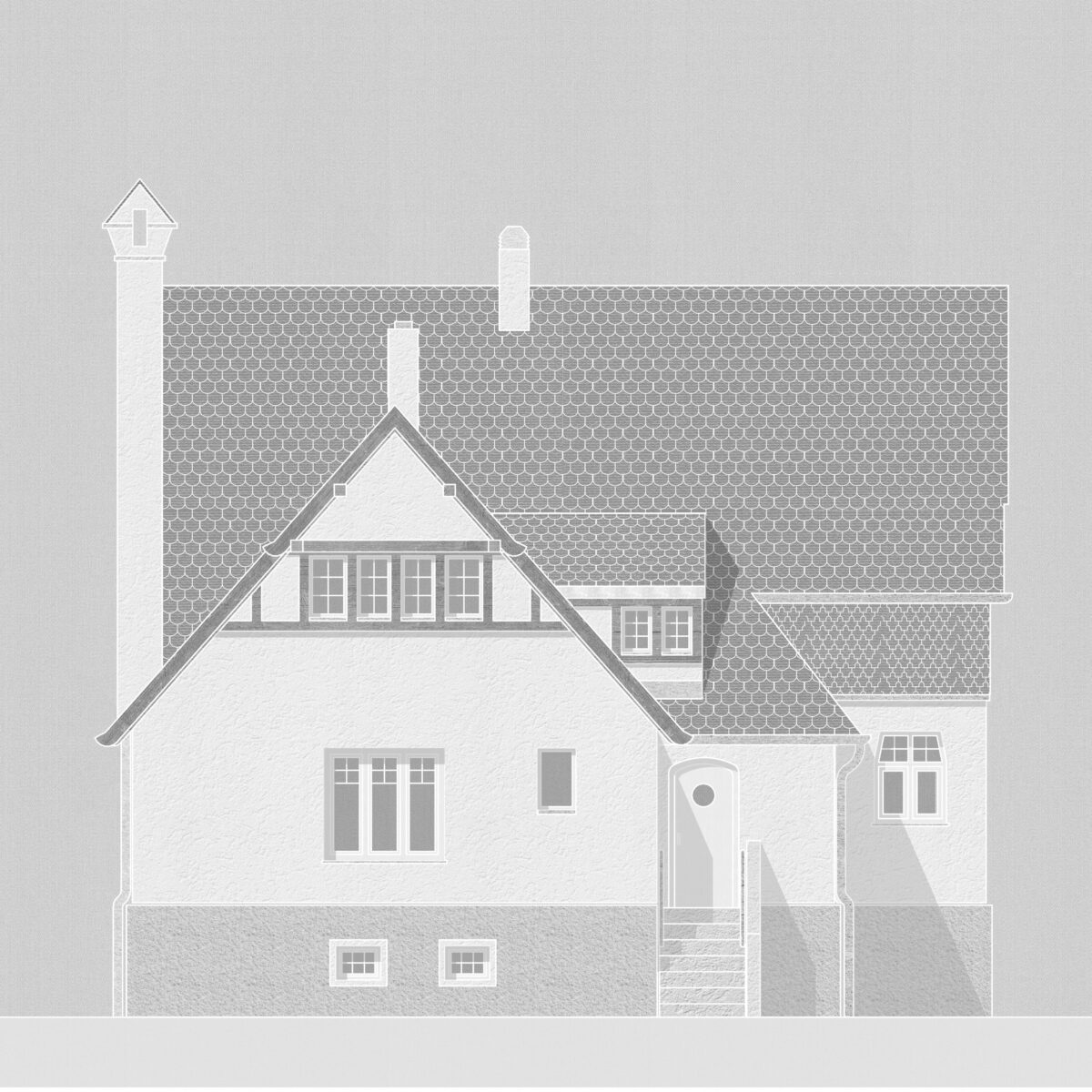 grafische Darstellung einer Villa in schwarz weiß