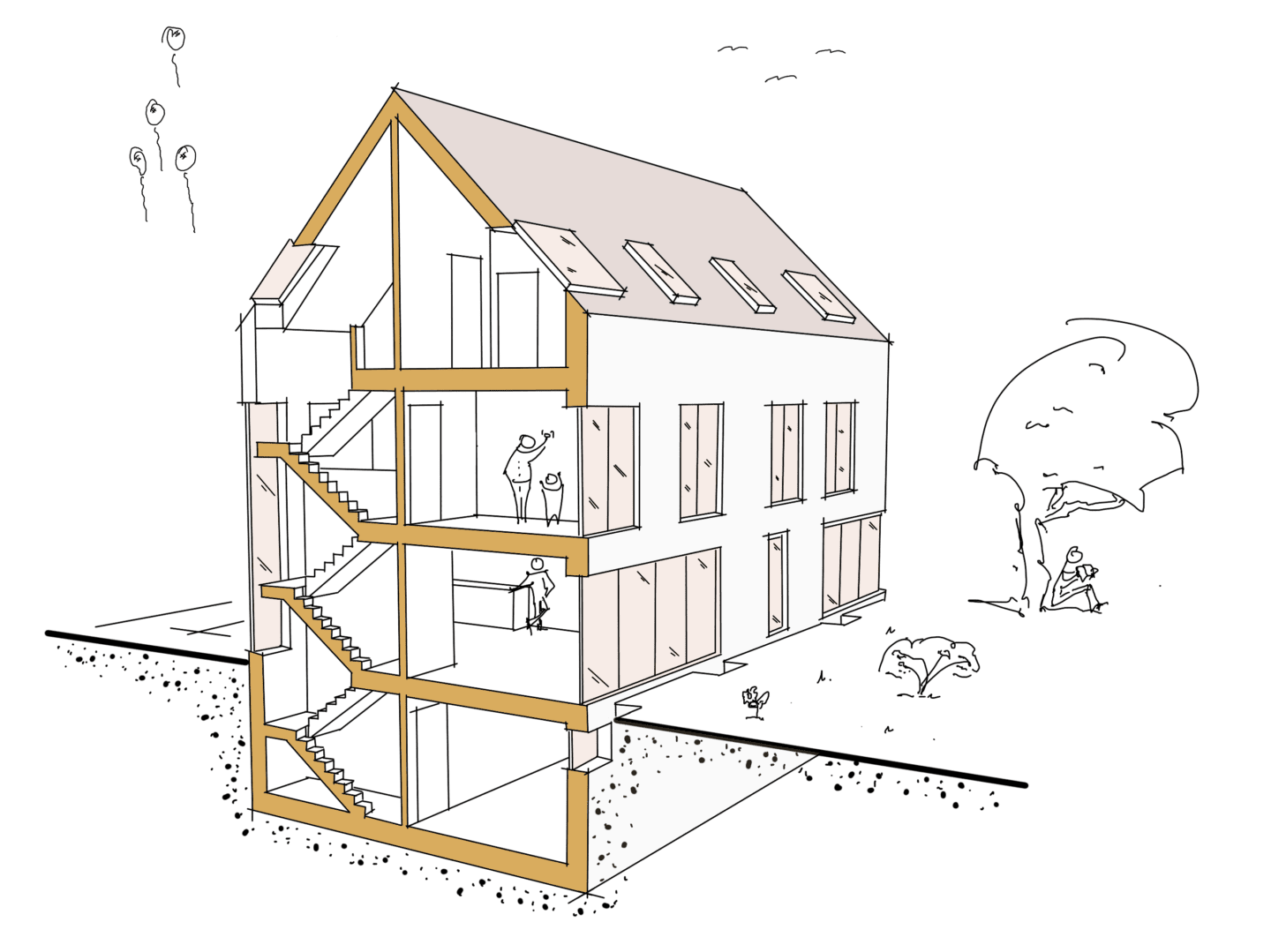 Grafik eines Schnittes durch ein Doppelhaus zur Darstellung des Raumkonzeptes