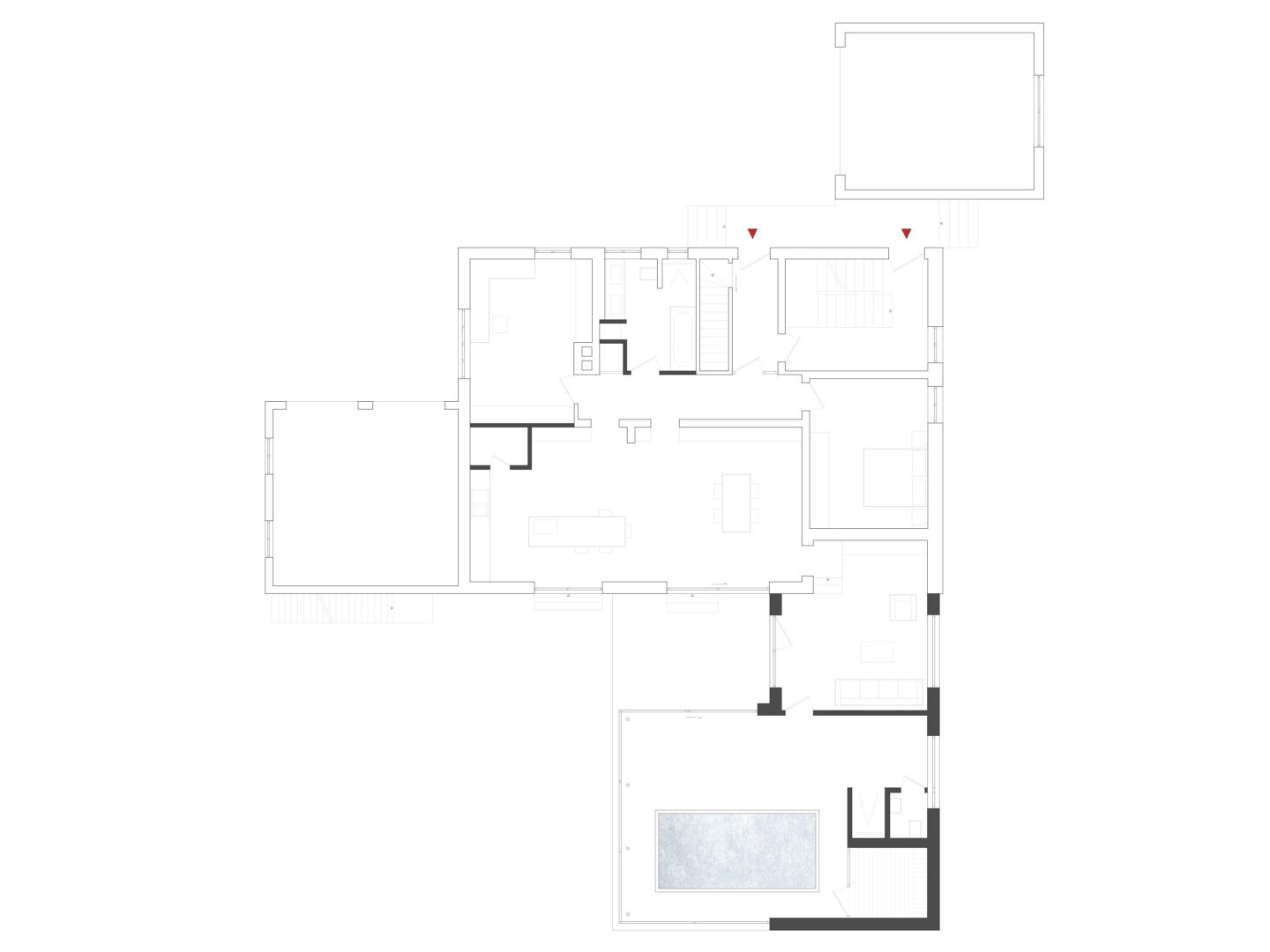 Grundriss des Erdgeschosses eines Einfamilienhauses mit Poolhaus
