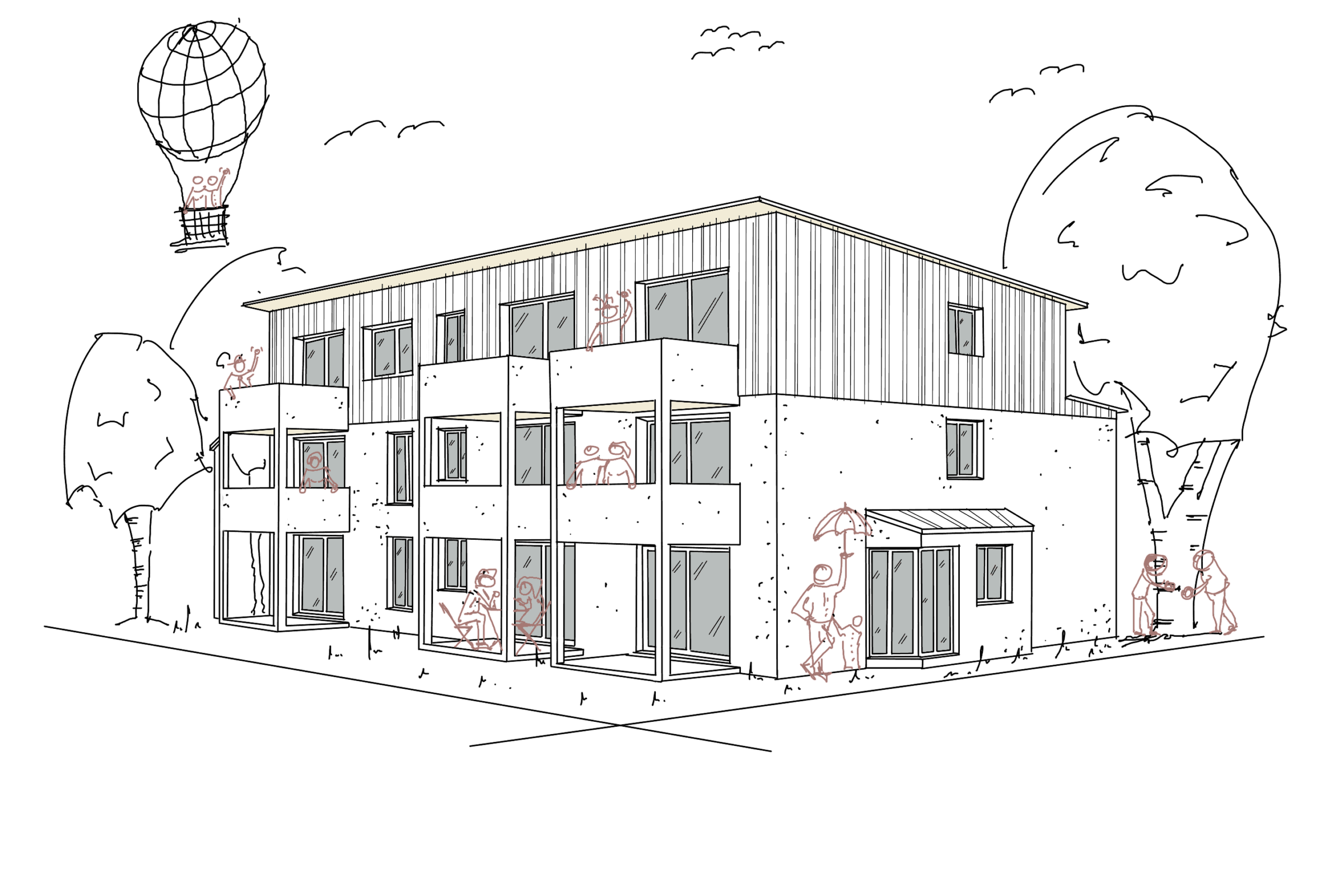 Handskizze eines Mehrparteienhauses mit mehreren Balkonen