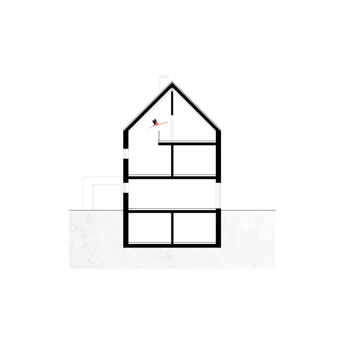 Grafische Darstellung des Schnittes durch ein Doppelhaus zur Darstellung der Raumaufteilung