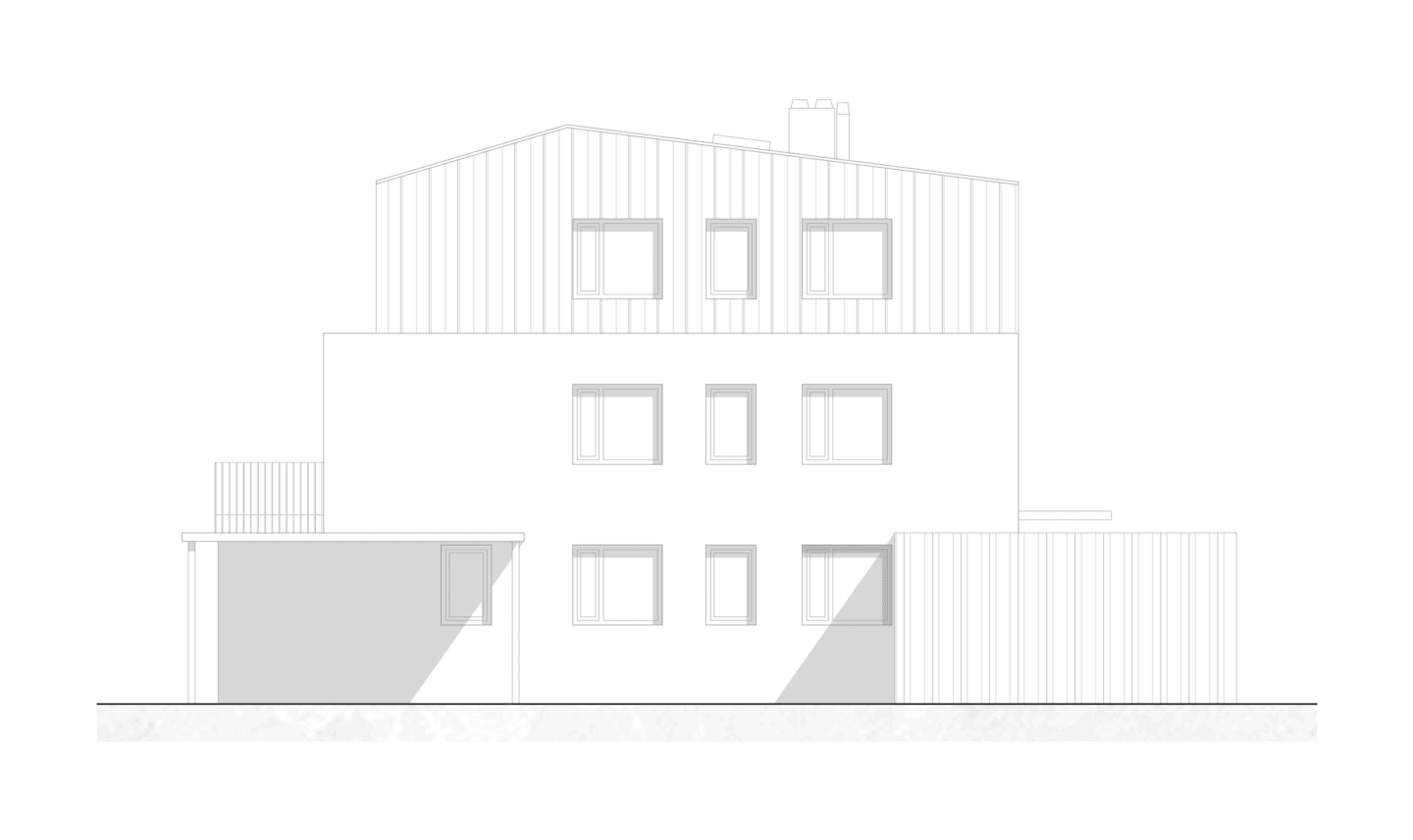 Ansicht eines Mehrparteienhauses nach einer Aufstockung aus Holz