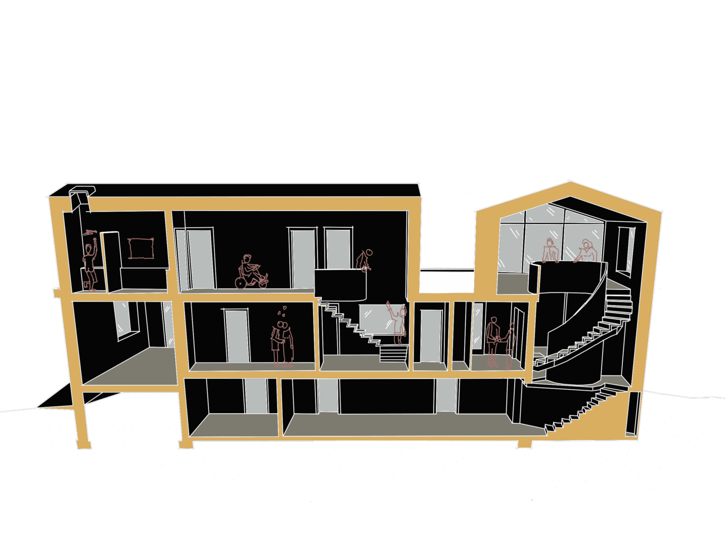 3D Schnitt durch eine Einfamilienhaus zur grafischen Darstellung der Raumaufteilung