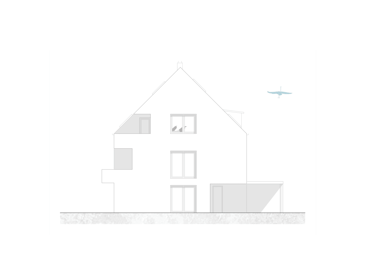Garfische Darstellung der Außenansicht eines Doppelhauses mit Carport
